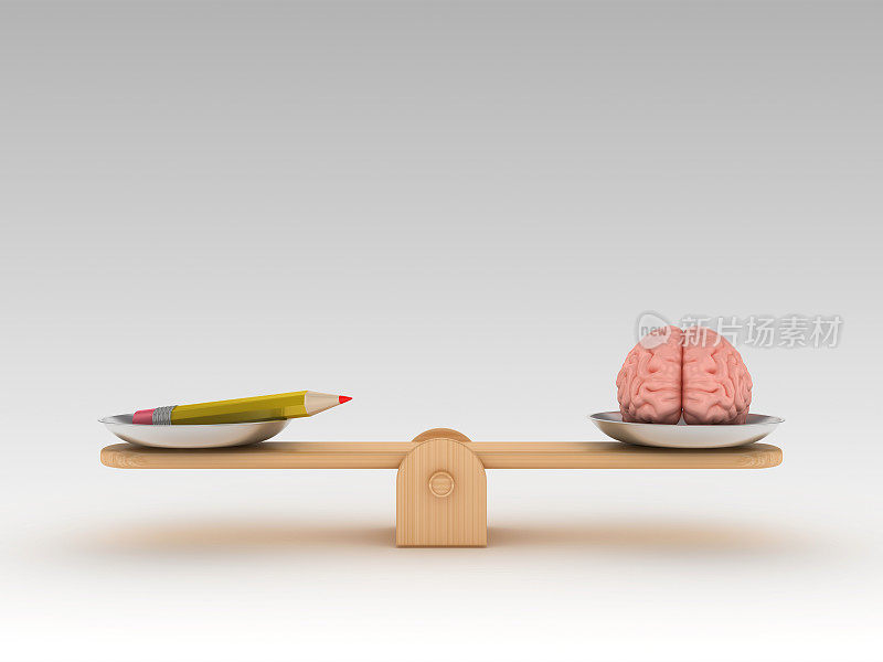 跷跷板规模与大脑和铅笔- 3D渲染